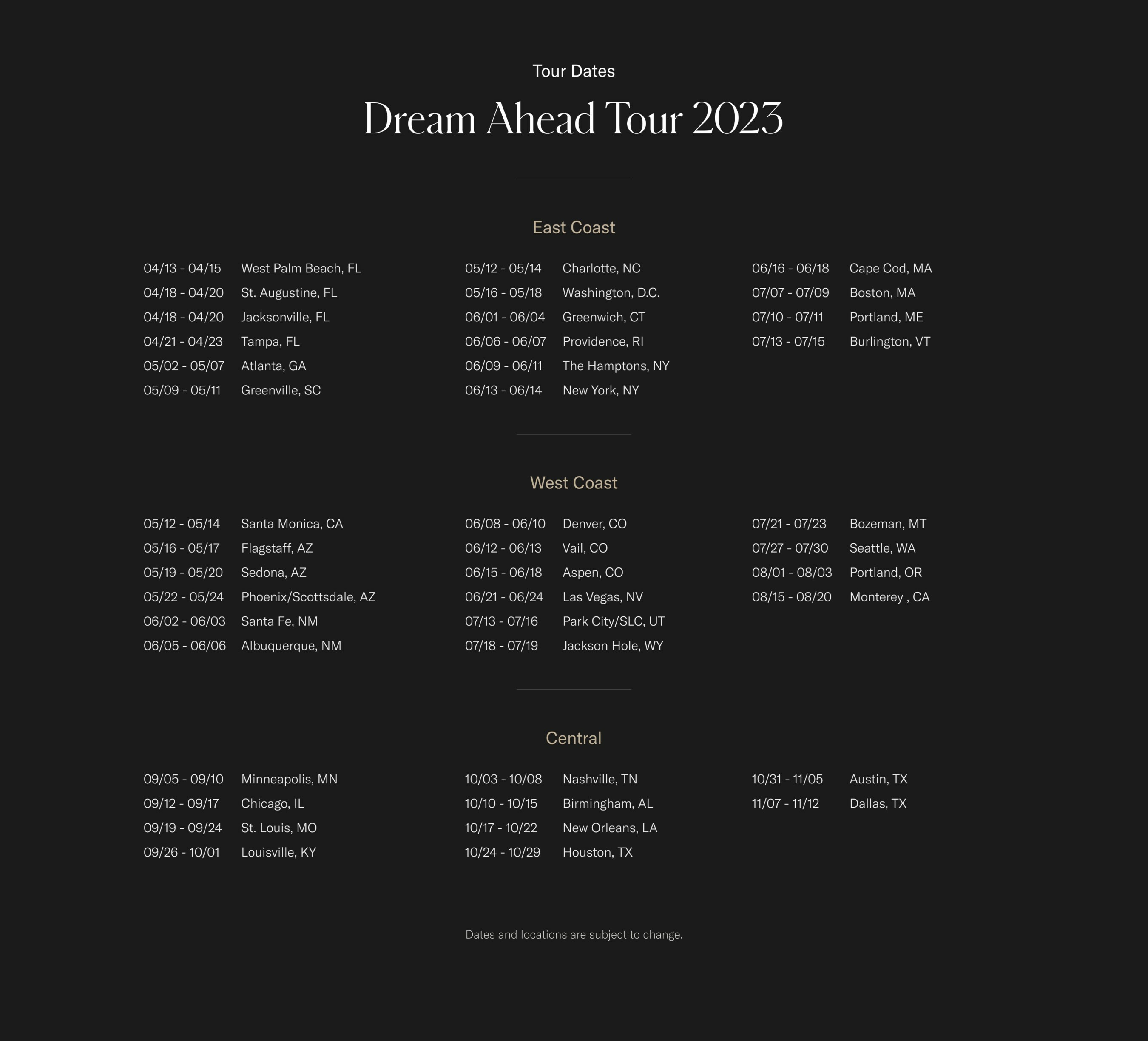Dream Ahead Tour Schedule